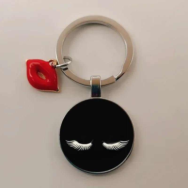Dames mignon cils porte-clés mode rouge à lèvres voiture sac bijoux bricolage verre cabochon pendentif porte-clés femme sac d'école pendentif cadeau