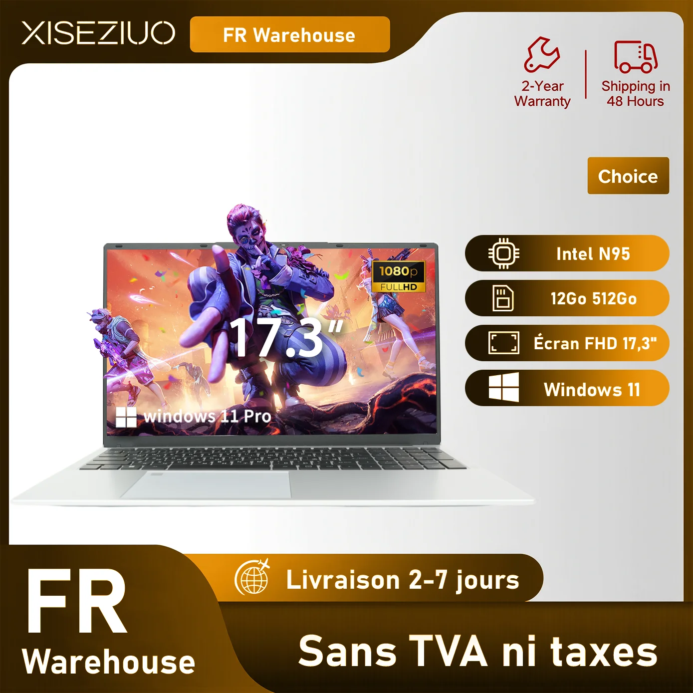 Notebook 17.3 pouces, 12 Go de RAM, SSD 512 go, processeur Intel Celeron N95, ordinateur portable étudiant fhd IPS avec clavier rétroéclairé, prise en charge de la reconnaissance d'empreintes digitales, USB 3.0，Wi-Fi 5，HDMI，BT5.0，Win11 Type-C