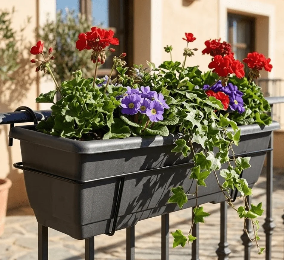 Jardinière de balcon avec plateau et support métallique, pot de fleurs rectangulaire gris, 3 tailles disponibles 40/50/60 cm, idéal pour les plantes d'extérieur et d'intérieur, style moderne pour balustrade et terrasse