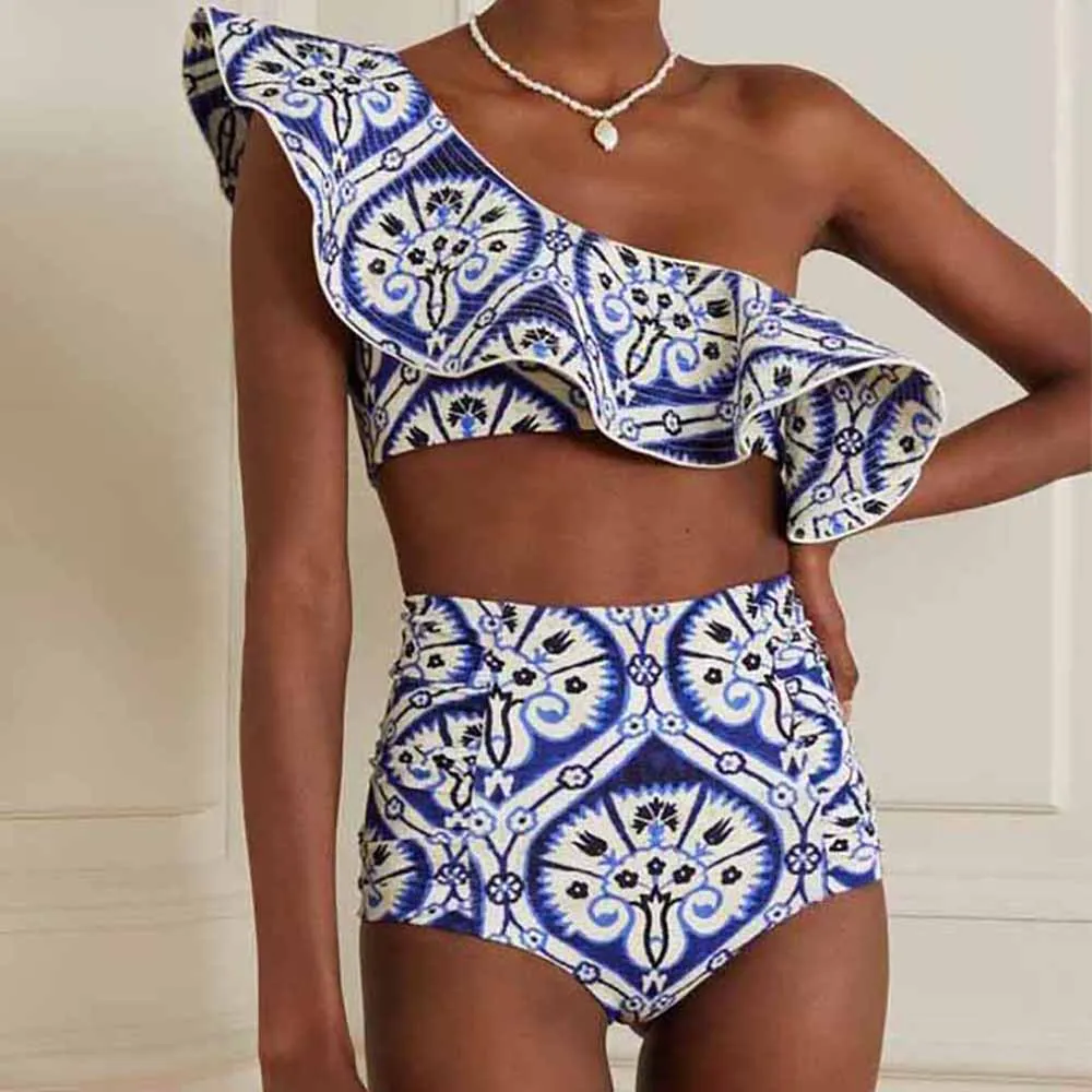 

One Shoulder Ruffled Pleated Strap Swimsuit Off Shoulder Sexy Two Piece Bikini Elegant Backless High Waist Slim Beachwear 2023