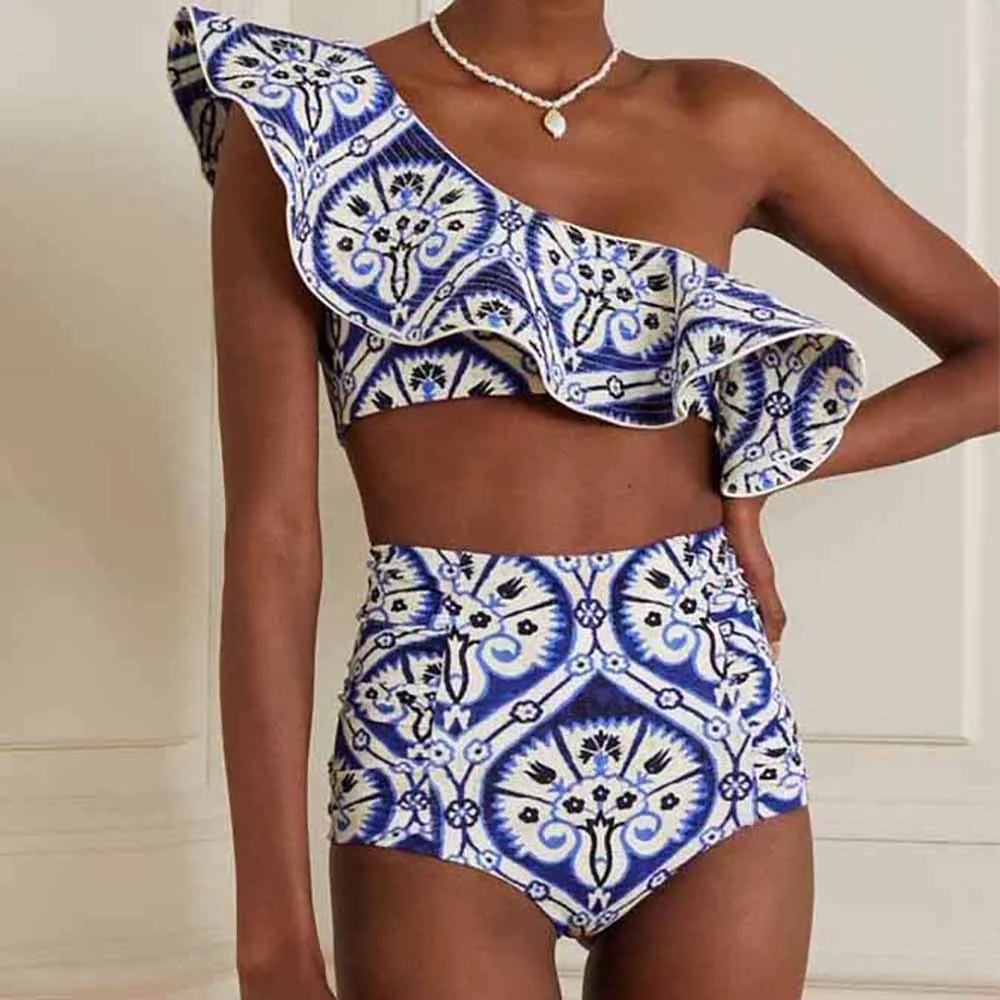 One Shoulder Ruffled Pleated Strap Swimsuit Off Shoulder Sexy Two Piece Bikini Elegant Backless High Waist Slim Beachwear 2023