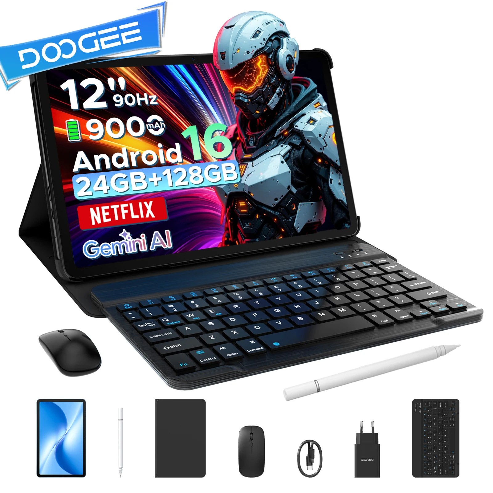 DOOGEE U12 Tablet 12 pulgadas con Android 16, pantalla FHD+ de 12'' y 90Hz, ultrafina de 7.8mm, 24GB de RAM + 128GB, batería de 9000mAh, UNISOC T7255 Gemini AI, Widevine L1.