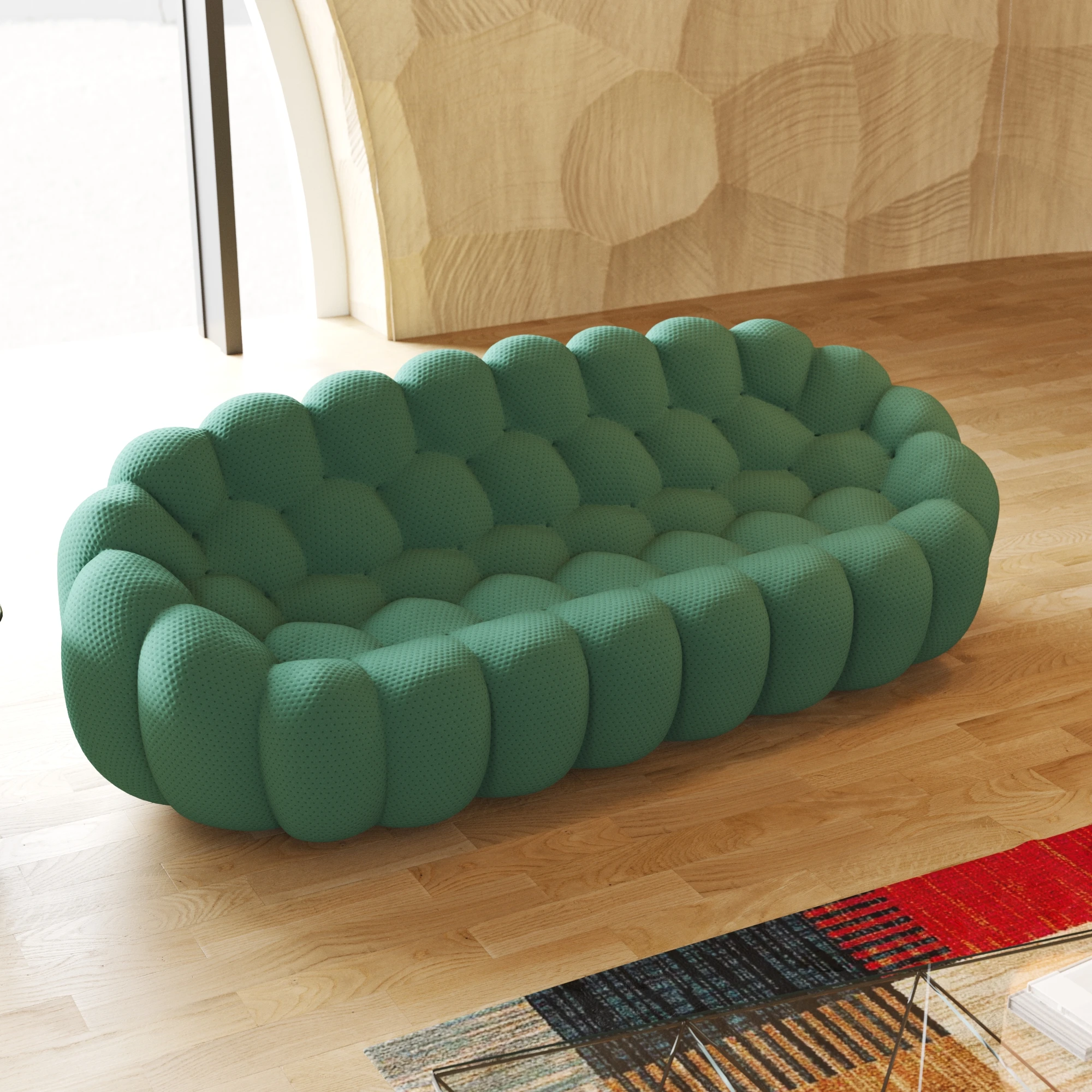 98.43'' Comfortable Curved Couch 3D Honeycomb Shape Mesh Fabric Bean Bag Sofa for Living Room Apartment Small Space - 3 Seater image 2