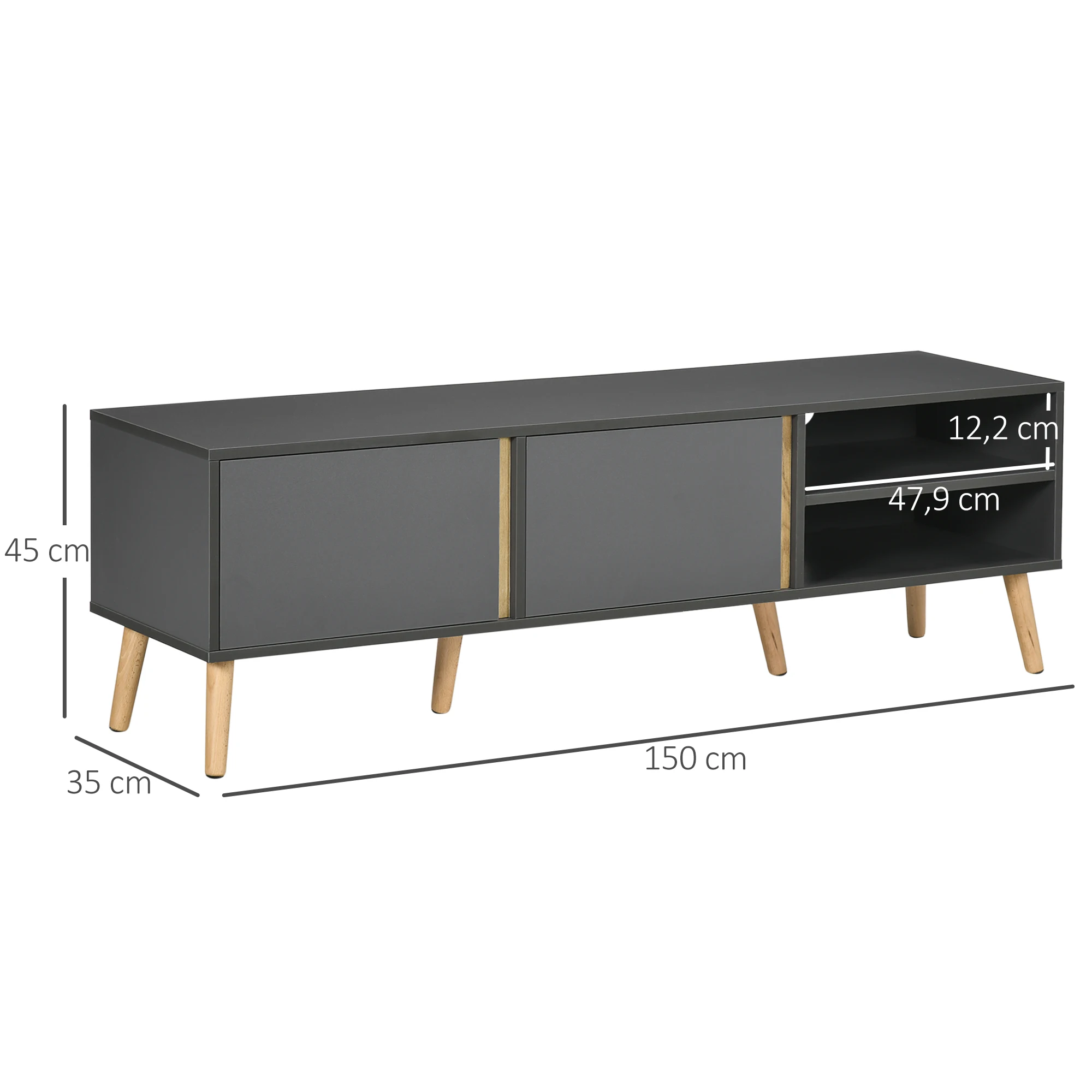 Mueble para TV Estilo Escandinavo, Consola Multimedia para Televisores de hasta 55 Pulgadas, Mueble para TV con 2 Puertas de Almacenamiento, Compartimentos Abiertos y Orificios para Organización de Cables, Patas de Madera, Centro de Entretenimiento para Sala de Estar, Acabado Gris Oscuro