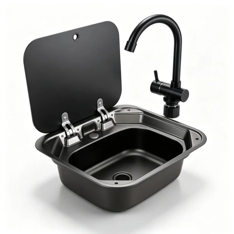 Lavandino per lavaggio mani per camper e roulotte, in acciaio inossidabile 304, colore nero e grigio, con coperchio in vetro temperato, rubinetto per acqua calda e fredda, base antivibrazioni e