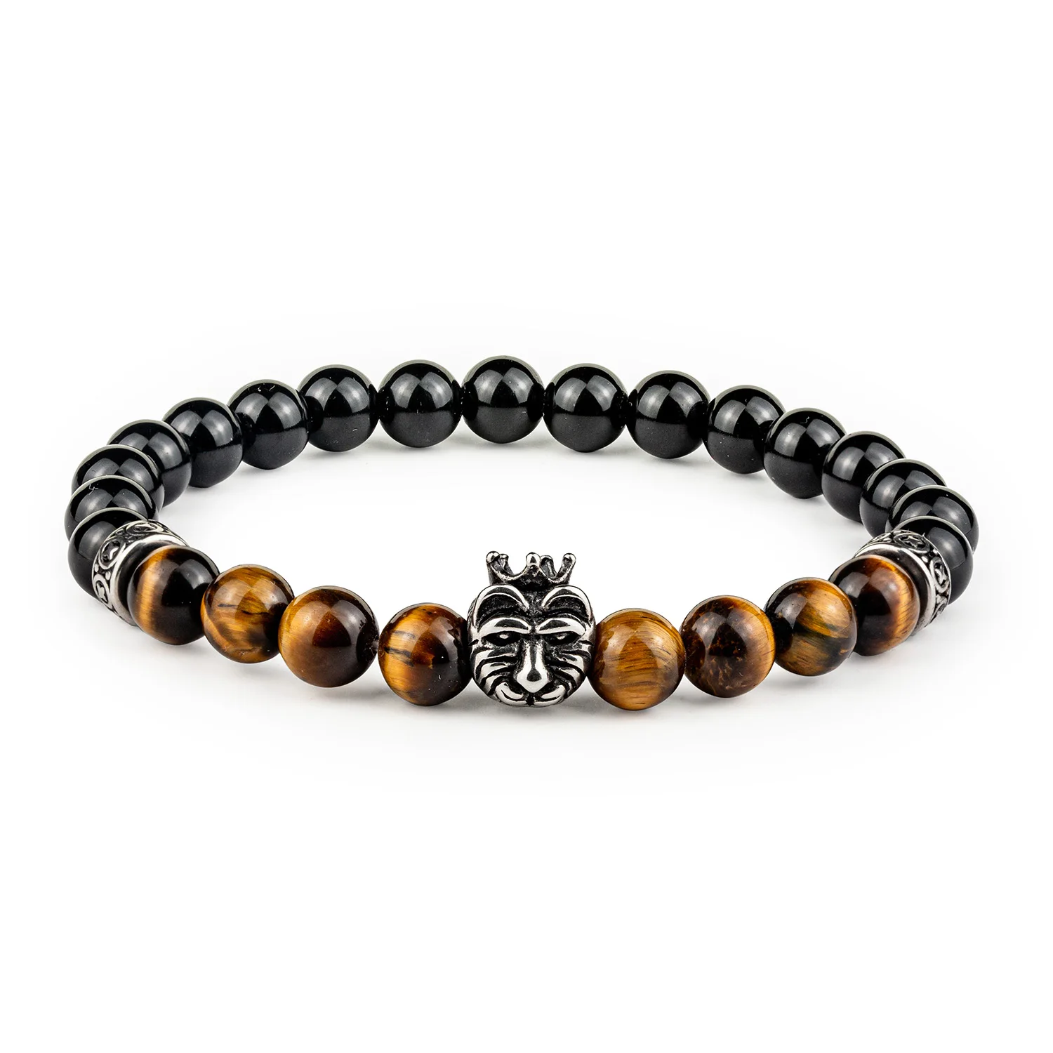 

8mm Natural Stone Tiger Eye & Obsidian Beaded Bracelet Lion Charm Protection Bracelet for Man Women Best Friend Gifts