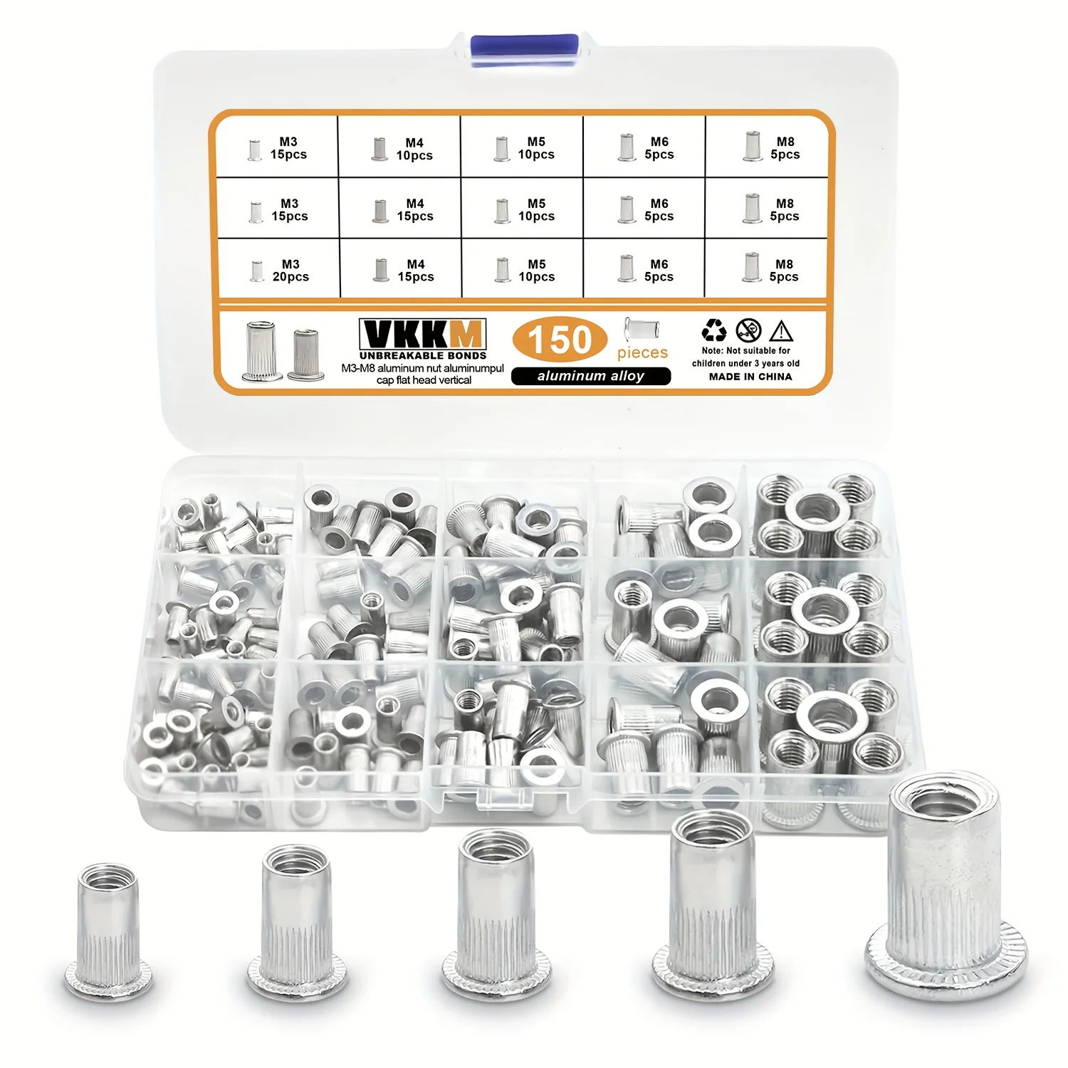 VKKM 150 pcs Aluminum Alloy Rivet Nut Set, M3 M4 M5 M6 M8 Flat Head Threaded Rivnuts/Insert Nutserts Assortment Kit