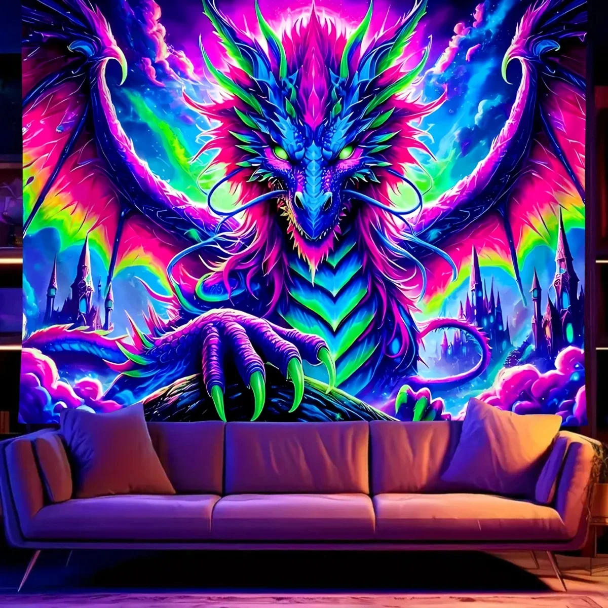 Tapisserie de dragon colorée fluorescente, tapisserie de lumière noire réactive UV, tenture murale d'université de salle de sport électronique de dragon arc-en-ciel 1 pièce