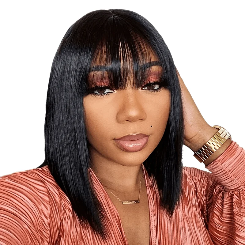 Alimice Straight Short Bob Blunt Cut Wig With Bangs Human Hair Full Machine Made Bob Wigs Glueless Wigs For Women