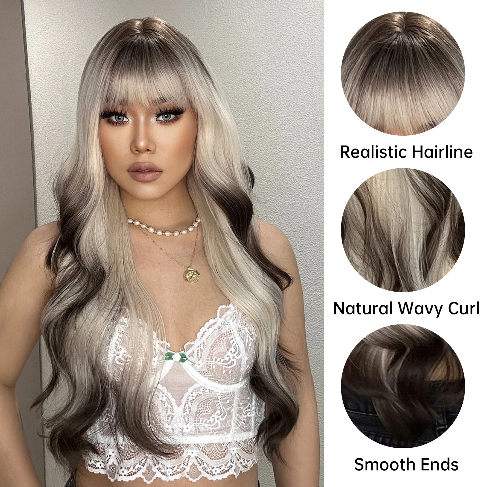 ALAN EATON Ombre Blonde Brown Wave Synthetic Wig Long Natural Looking Hair Wigs with Bangs for Women Daily Heat Resistant Fiber