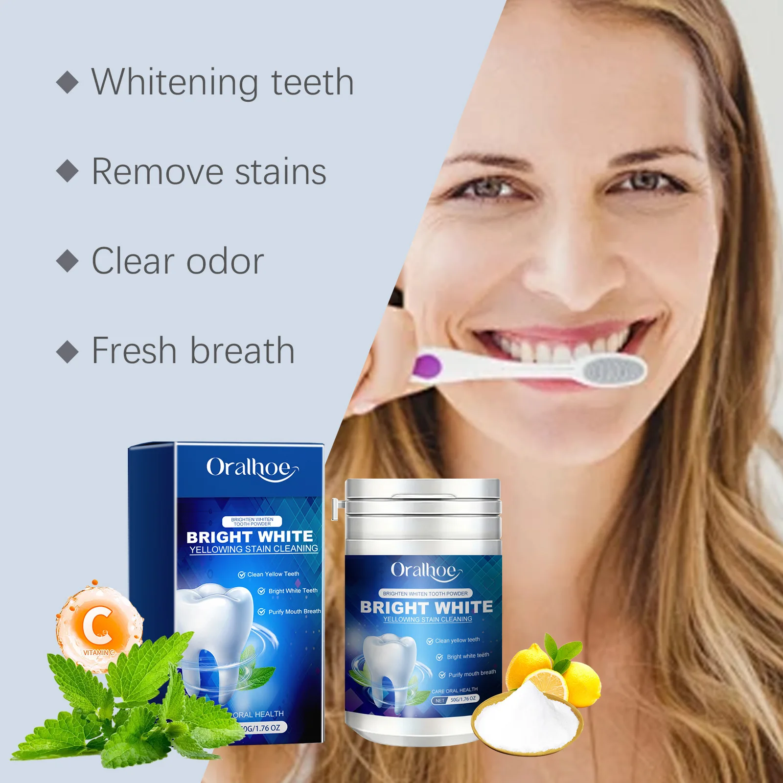 Oralhoe 50g Teeth Bleaching Powder Breath Freshener Polish Yellow Stain Remover Brighten Oral Health Whitening Teeth Care Powder