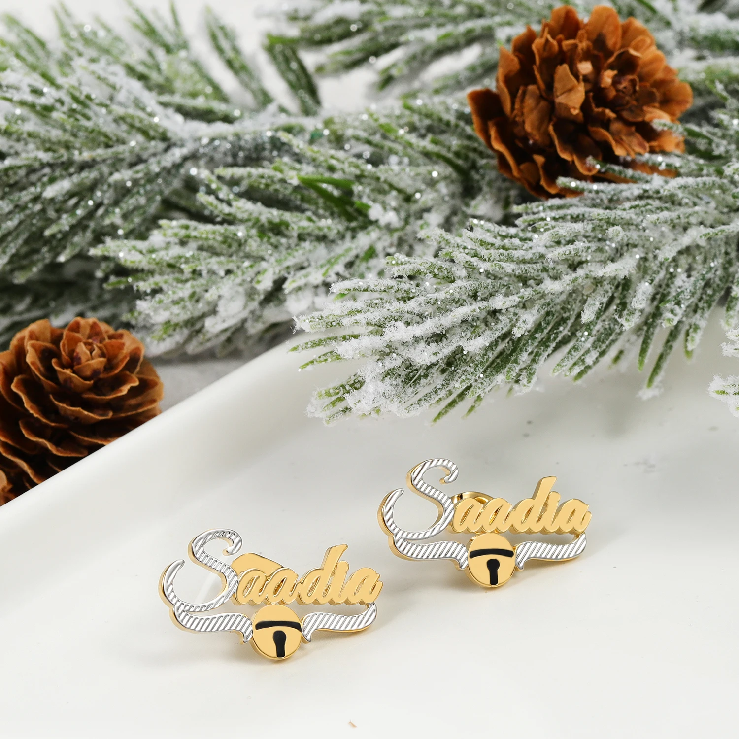 New Customized Christmas Gift Name Studs Gold Plated Two Tones Personalized Name Studs Earrings With Christmas Bell For Women