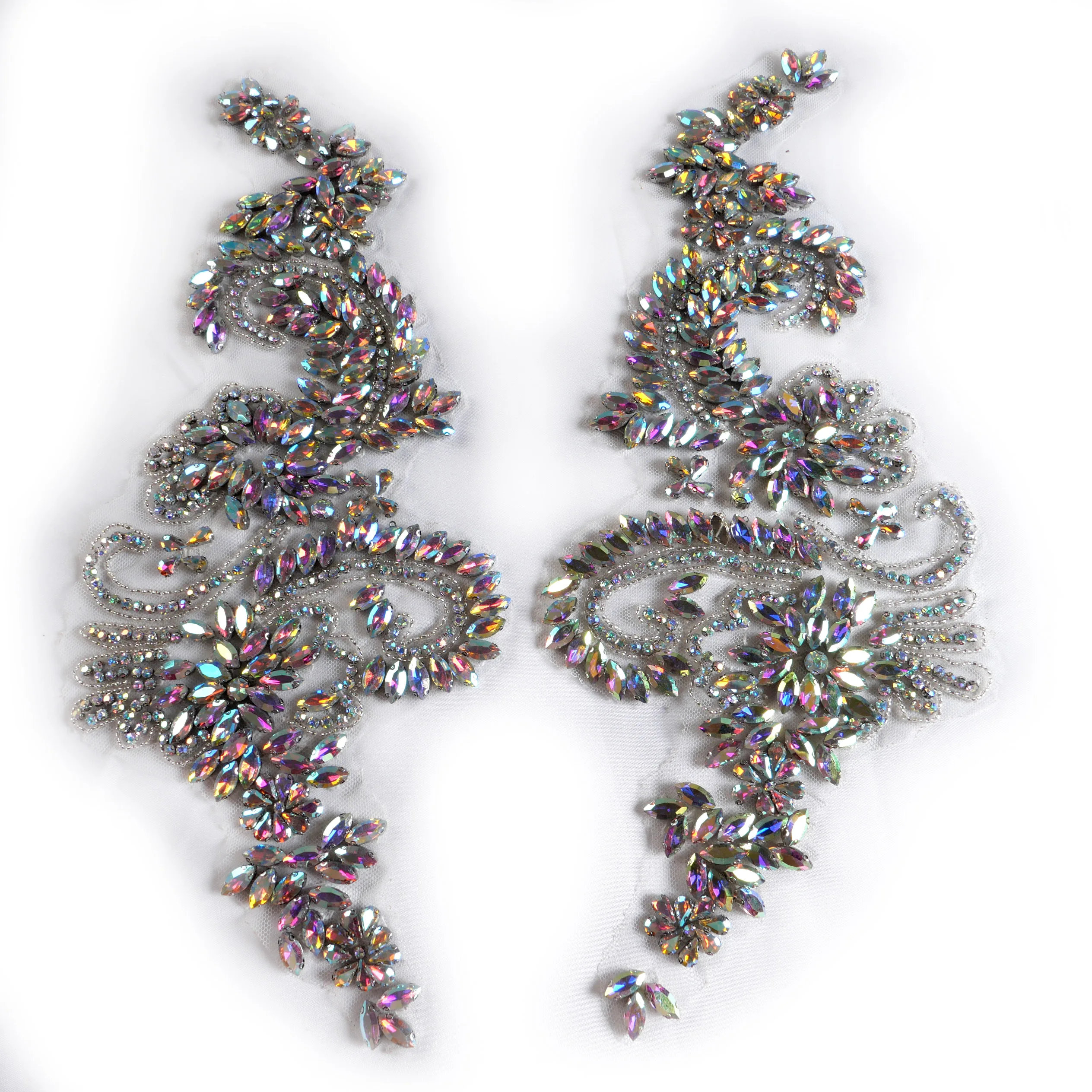 HelluyerDc AB rhinestones beaded applique,14cm*39cm large applique for clothing decoration, embroidery on tulle sew on patch