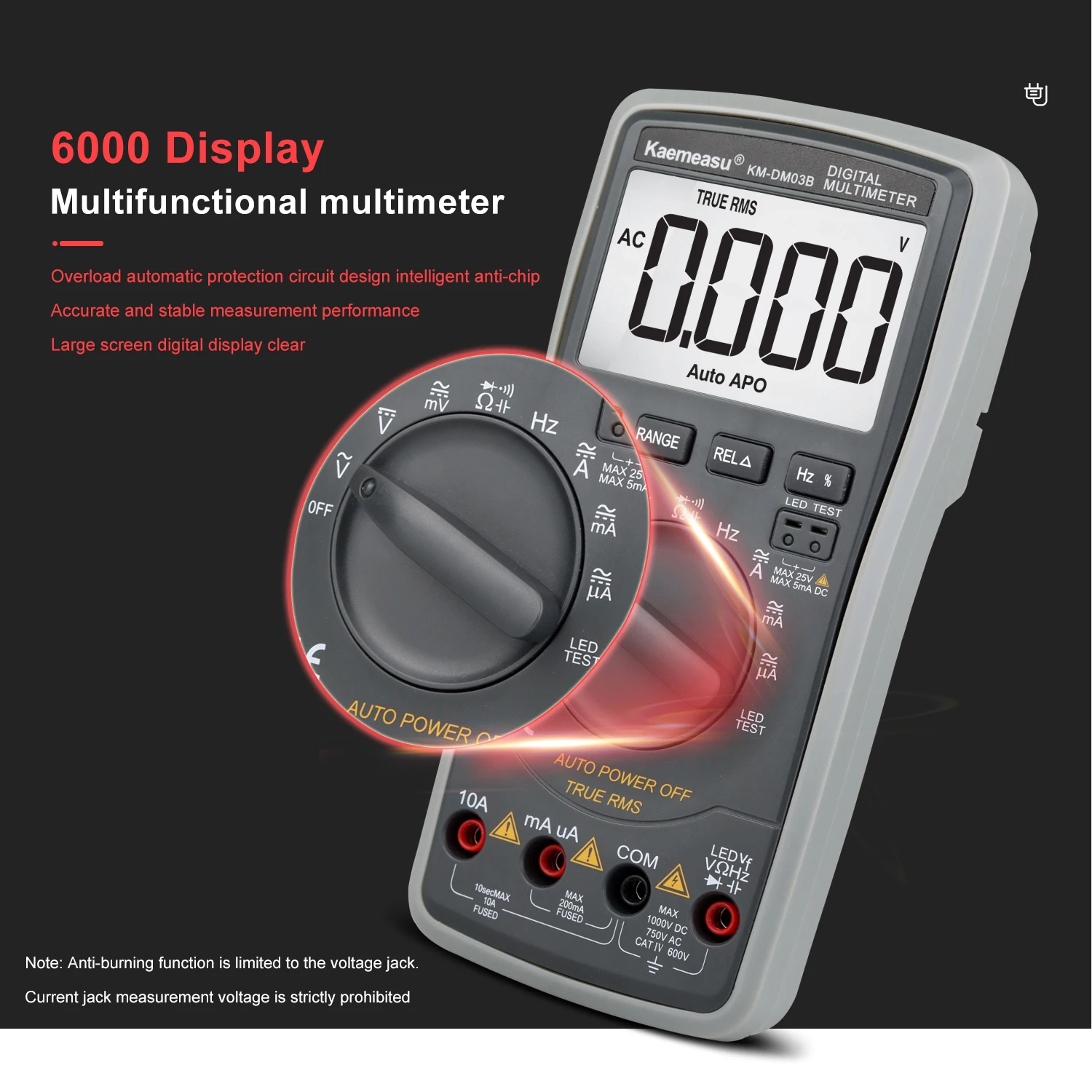 Imagem -05 - Kaemeasu-multímetro Digital Multifuncional Km-dm03b 6000 Contagens True Rms Dc24v Teste de Saída de Alta Tensão Alta Qualidade