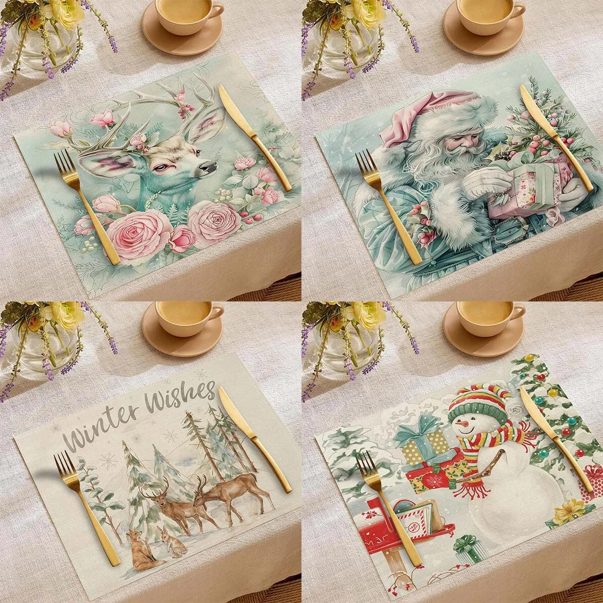 1-4 adet noel dekorasyon masa Placemats Elk kardan adam Xmas ağacı baskı yemek masası Mat 2025 yeni yıl masa dekorasyon Navidad