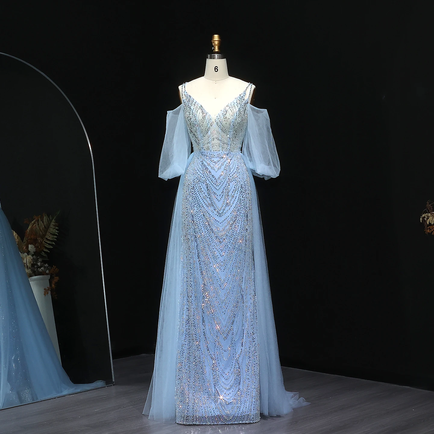 

Sharon Said Потрясающее светло-голубое вечернее платье с открытыми плечами и бисером с струящимися рукавами фиолетового цвета для свадебной вечеринки SS053, по индивидуальному заказу