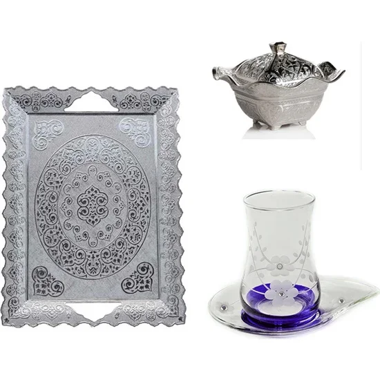 Başak 14 Piece Nature (Blue Silver) Tea Set Set