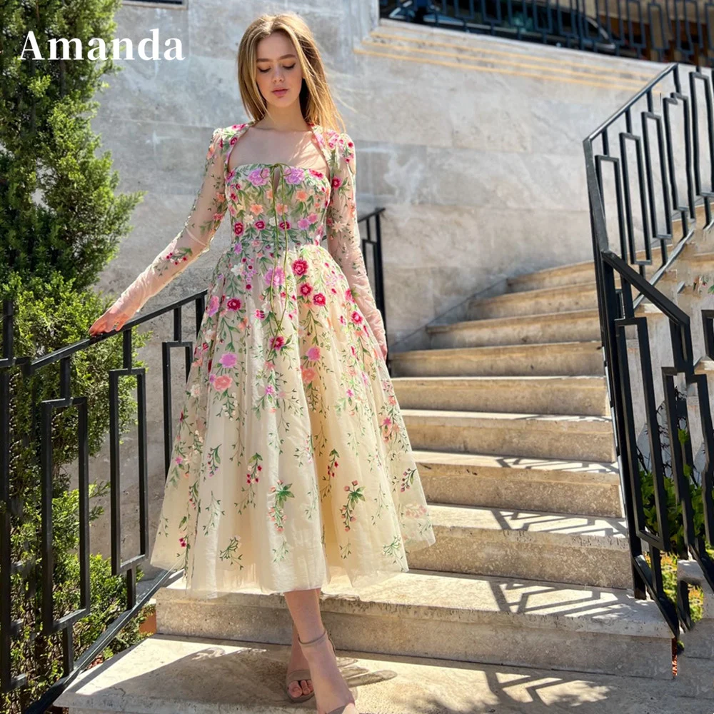 Amanda Flower A-line Evening Dress Sweet Knee Lenght Prom Dress 2023 Long Sleeve Party Dress Open Back  فساتين مناسبة رسمية