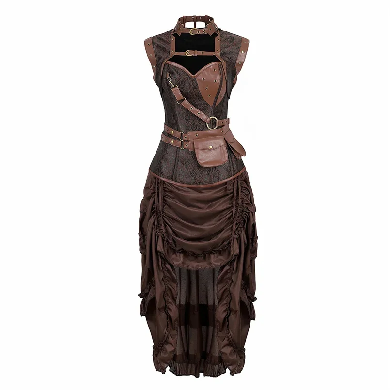 Piraat Kostuum Voor Vrouwen Piraat Jurk Punk Lederen Corset Top Met Trekkoord Rok Bruin Steampunk Corset Jurk Plus Size - afbeelding 2