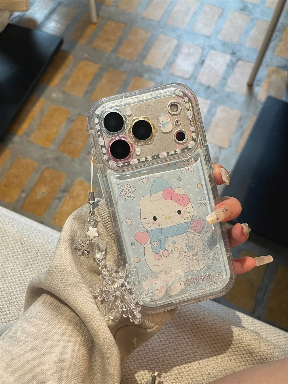 

Cute cartoon flower flowing sand snowman HelloKitty compatible with iPhone 17 Pro Max 14/15/16 13 Pro Max protective case anti f