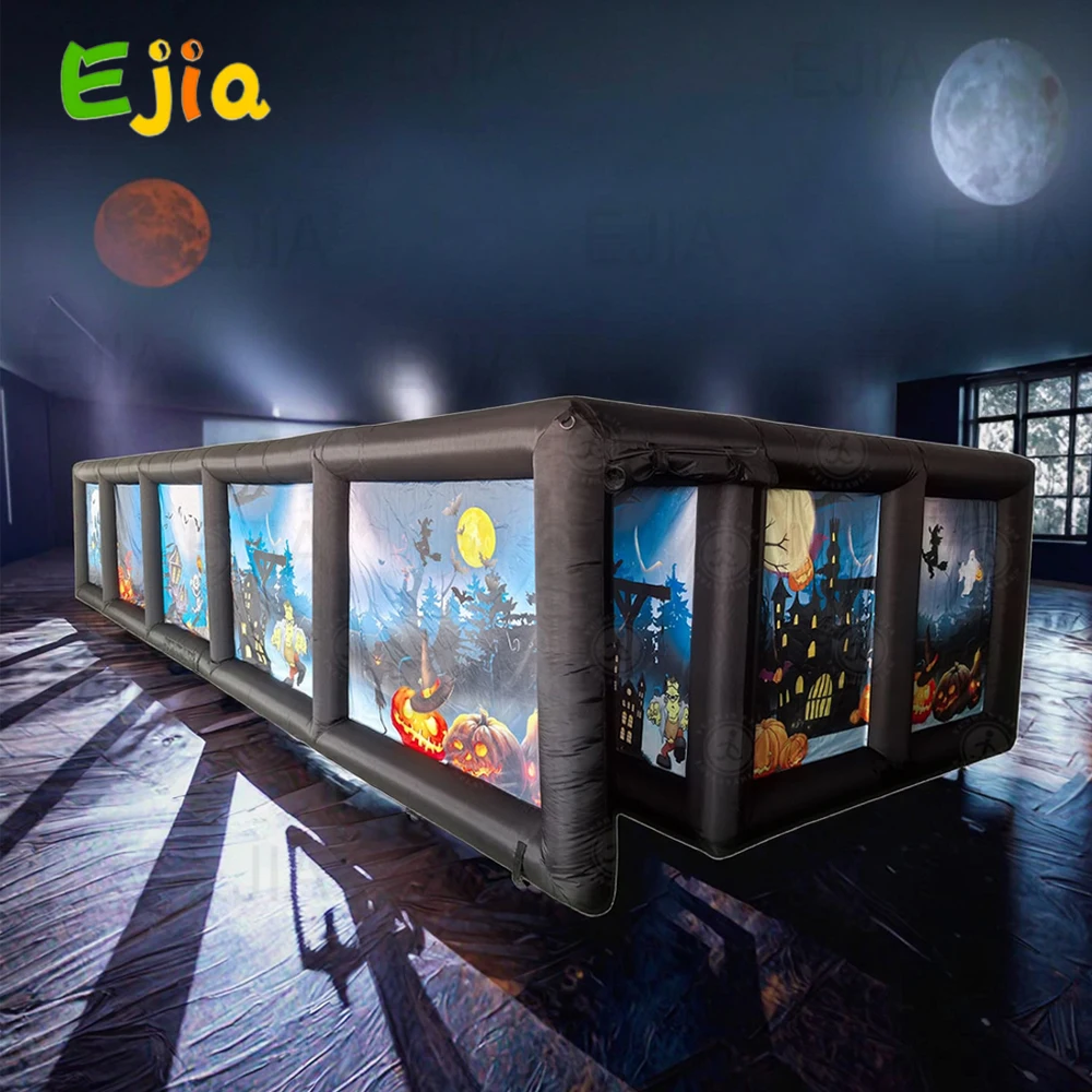 Inflatable Maze Halloween Haunted House, Outdoor Inflatable Labyrinth Maze Game, Spooky Theme with Pumpkins/Bats/Ghosts, Blower
