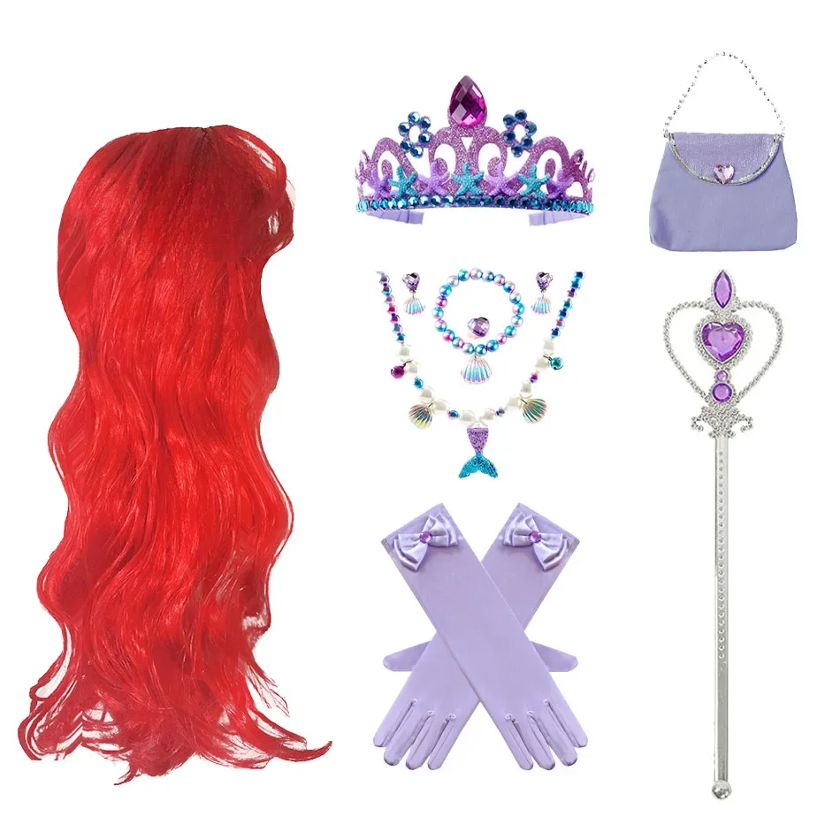 Ariel Princess Akcesoria Rękawiczki Różdżka Korona Zestaw biżuterii Syrenka Peruka Naszyjnik Warkocz dla księżniczki Sukienka Odzież Cosplay Dress UP — zdjęcie 2