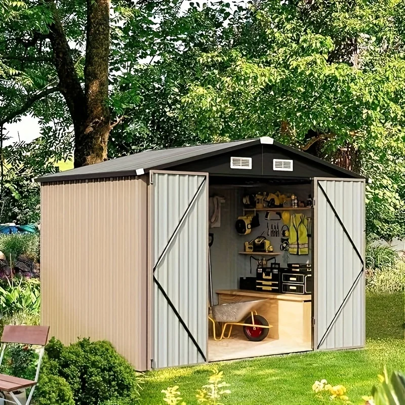 Set, Internal 8 Ft. W X 5.3 Ft. D Outdoor Metal Storage Shed With Floor Frame And Lockable Door, 47 Sq. Ft.