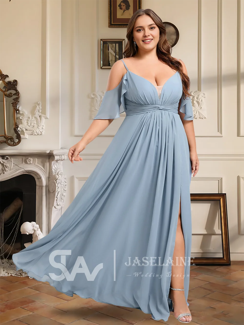 

A A-Line Chiffon Bridesmaid Dresses Floor-Length Cold Shoulder Spaghetti Straps Ruffle Wedding Party Evening Cocktail Women
