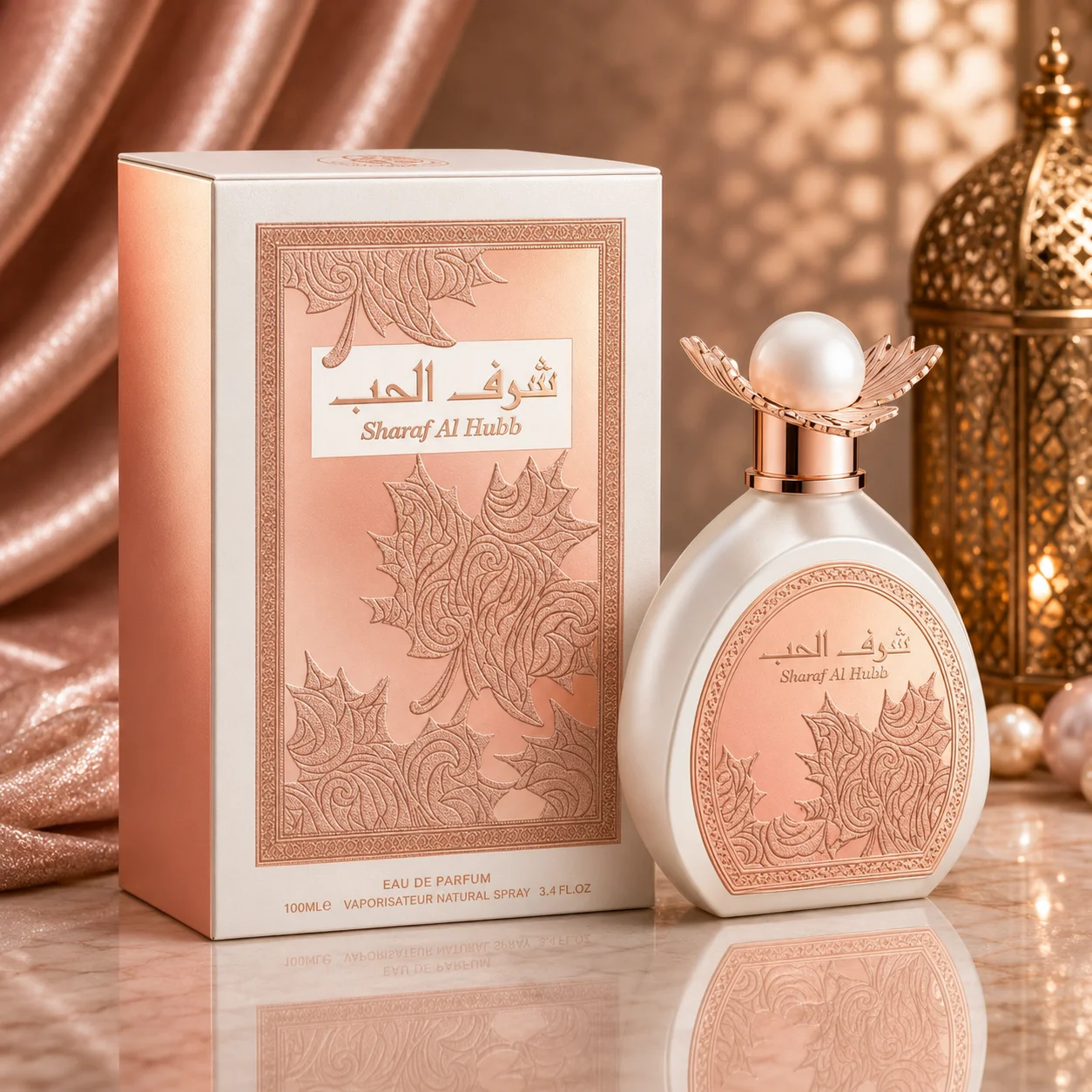 Parfum Sharaf Al Hubb, 100 ml. Parfum féminin oriental, aux notes de bergamote et de fruits rouges, un cœur floral de rose et de pivoine, et une base crémeuse de vanille et de musc blanc.