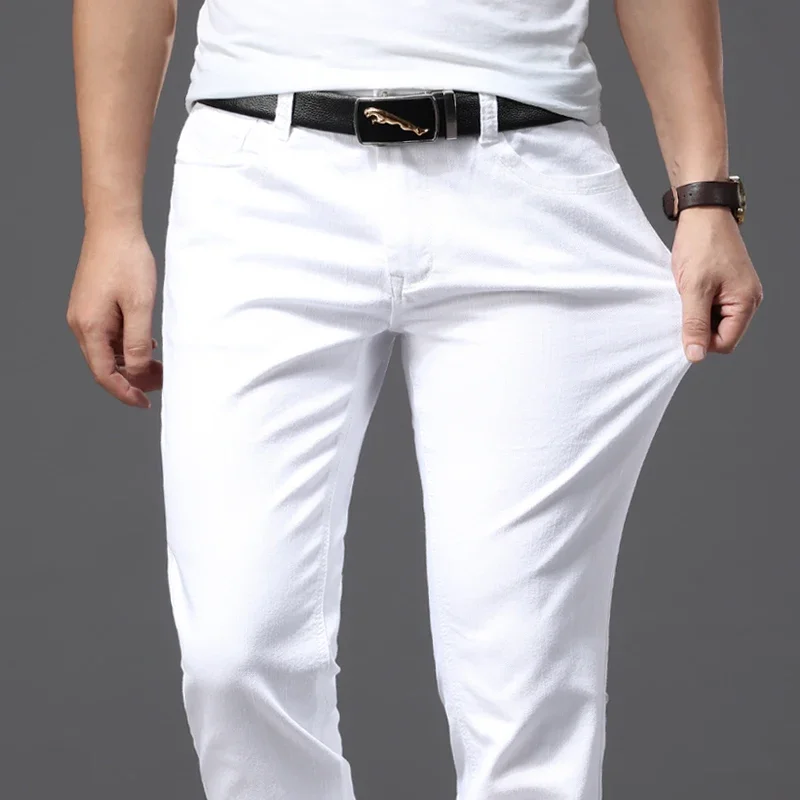 Jean blanc pour hommes, mode décontractée, Style classique, coupe Slim, pantalon doux, marque masculine, pantalon extensible avancé