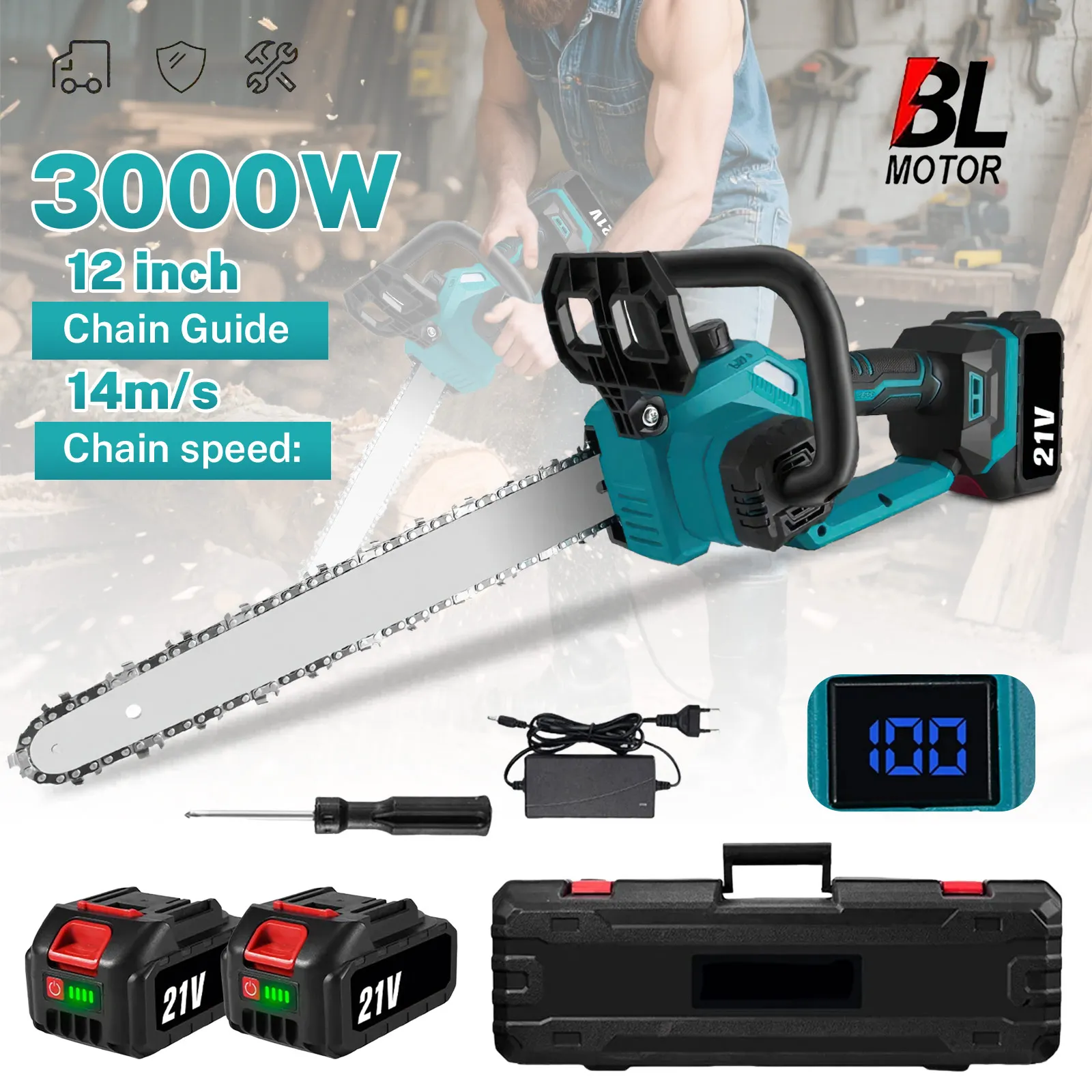 Motosega Elettrica Brushless da 12 Pollici 3000W, Sega per Potatura e Lavorazione del Legno, Utensile da Giardino Compatibile con Batteria Makita 18V