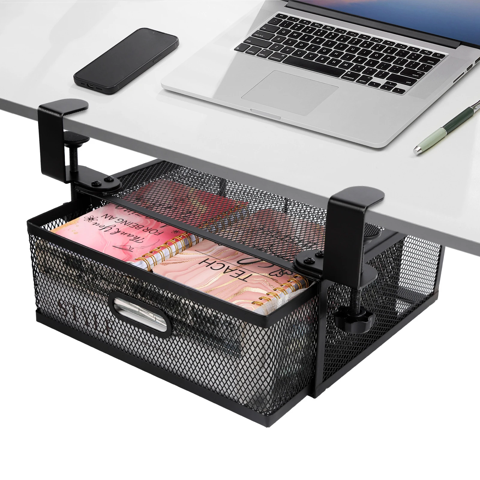 

Корзина для ящика под столом, без перфорации, ящик для стола, C-зажим, большая вместимость, металлический поднос для хранения, раздвижная корзина для хранения