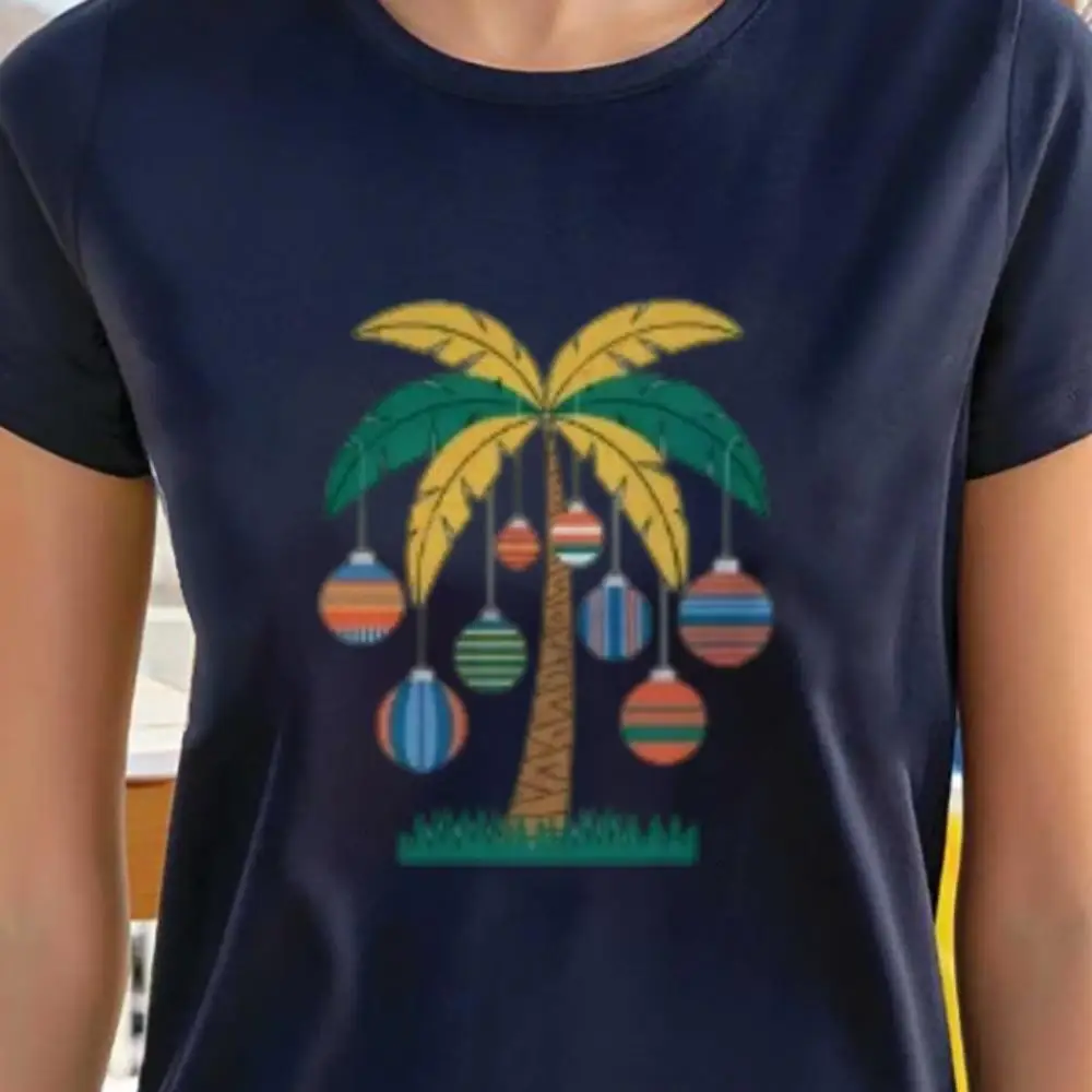 

Pure Cotton Tee With Palm Tree Design Stylish Summer Beach Wear Soft Breathable Tops For Women Ideal For Vacation And Daily