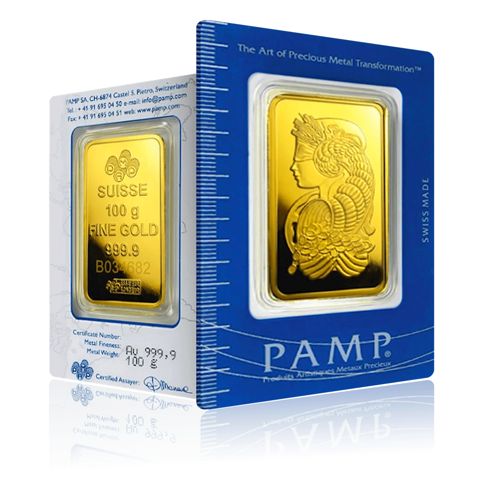 

100 г золотой слиток PAMP, позолоченный 24 карата, латунный сердечник, немагнитная герметичная акриловая упаковка, индивидуальный серийный номер