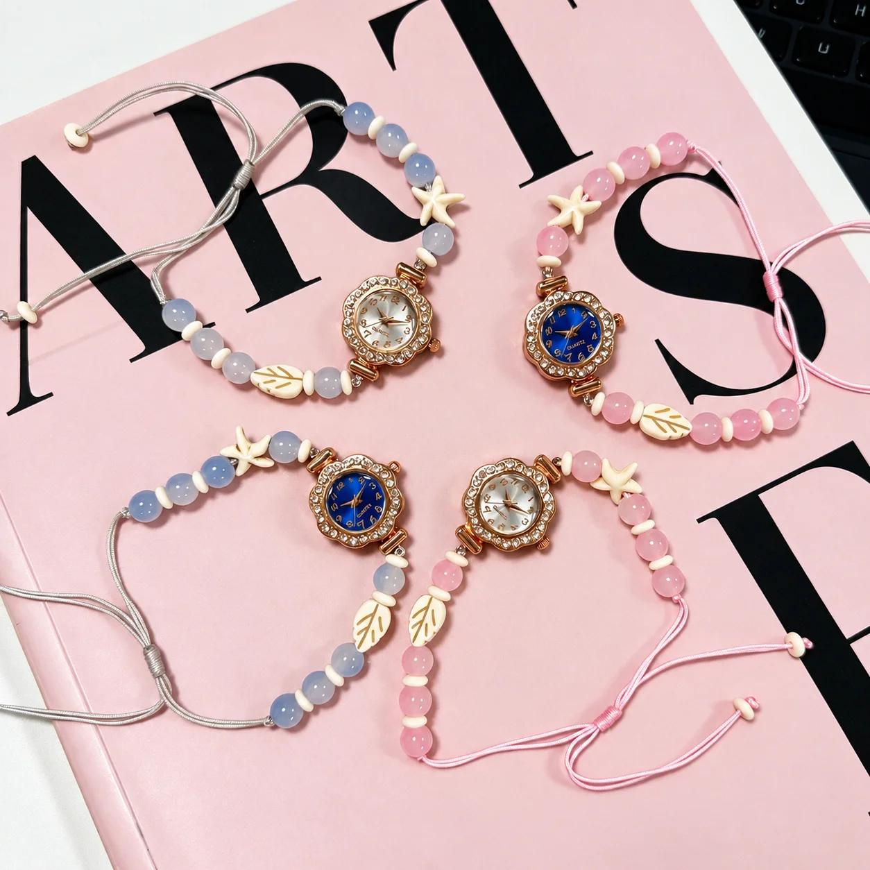KAIRIS Women's Pink Beaded Bracelet Watch Rhinestone Dial Adjustable Cord Quartz Wristwatch Starfish Leaf Charm Jewelry Gift