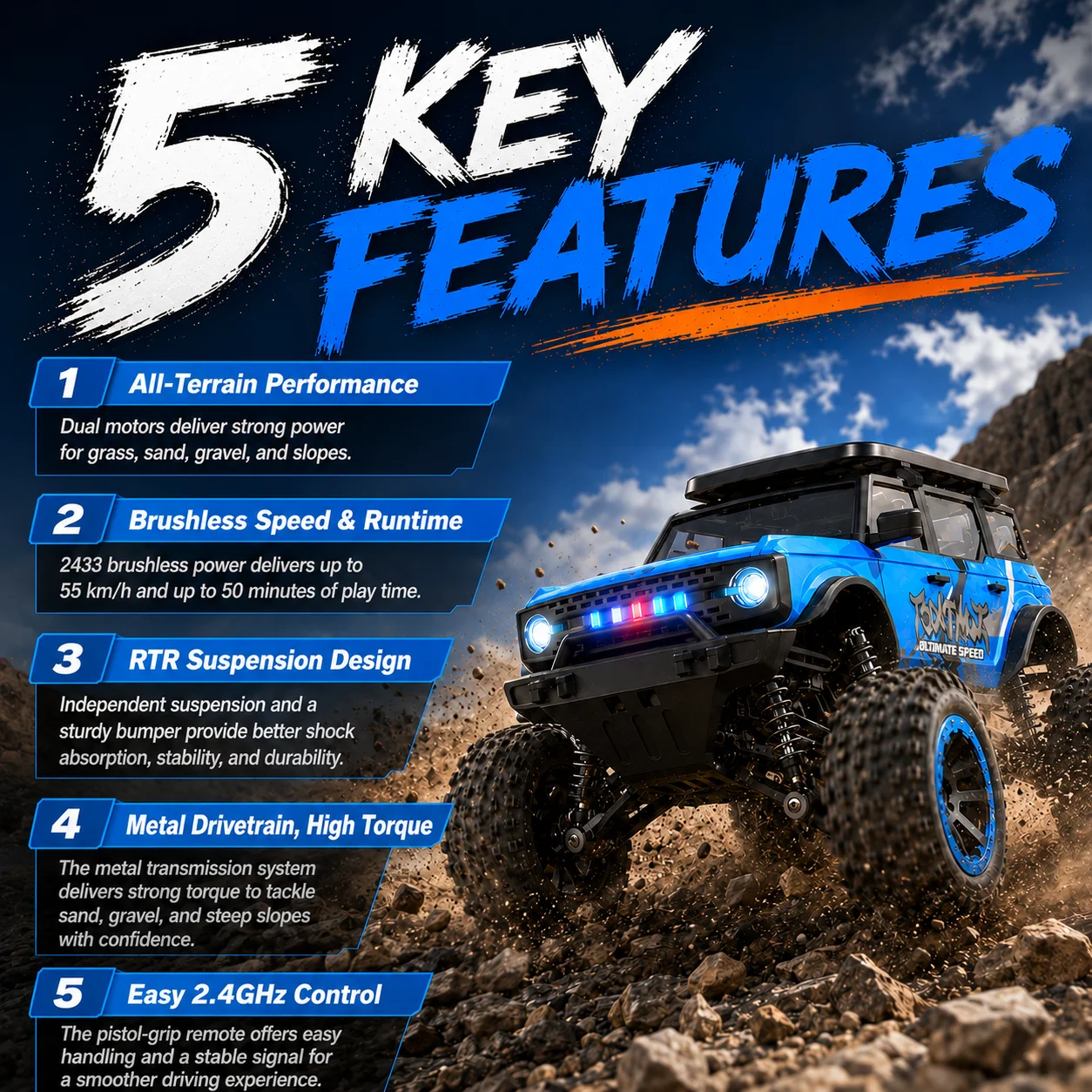4WD All Terrain Off-Road RC Car 55km/h Ultimate Speed Brushless Motor Metal Differential Drive Shaft Independent Suspension LED Light 2.4G Remote Hobby Car