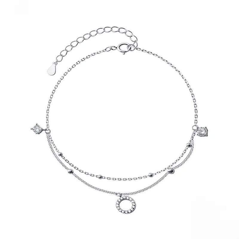 Nowa moda 925 srebro okrągły Rhinestone CZ wisiorek dwuwarstwowe obrączki kobiety biżuteria letnia cyrkonia łańcuszek na kostkę bransoletka — zdjęcie 2