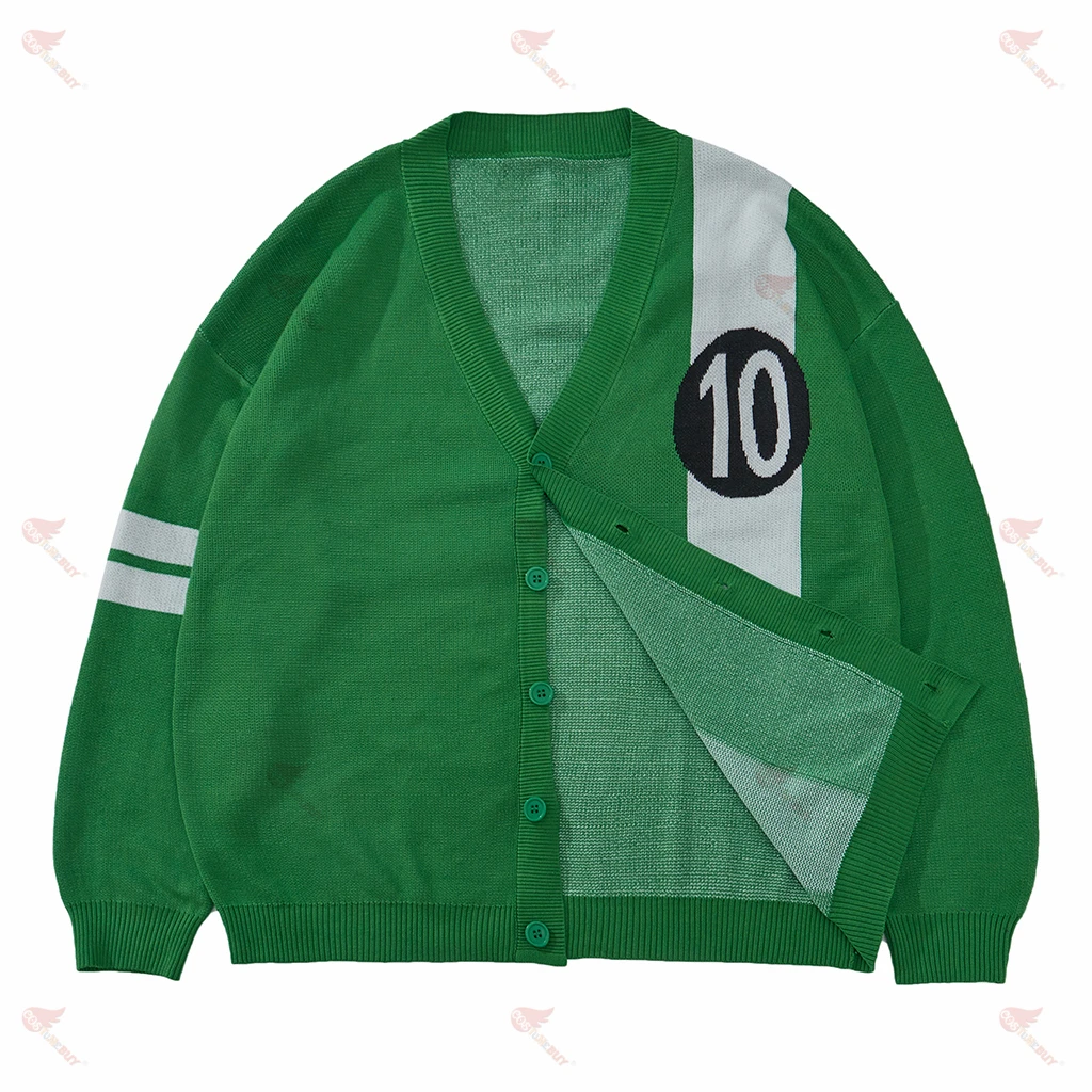 Animation Ben Tennyson Cosplay Green Knitted Cardigan, Teen Superhero Costume Knit Shirt Unisex Casual Top Buttoned Sweater