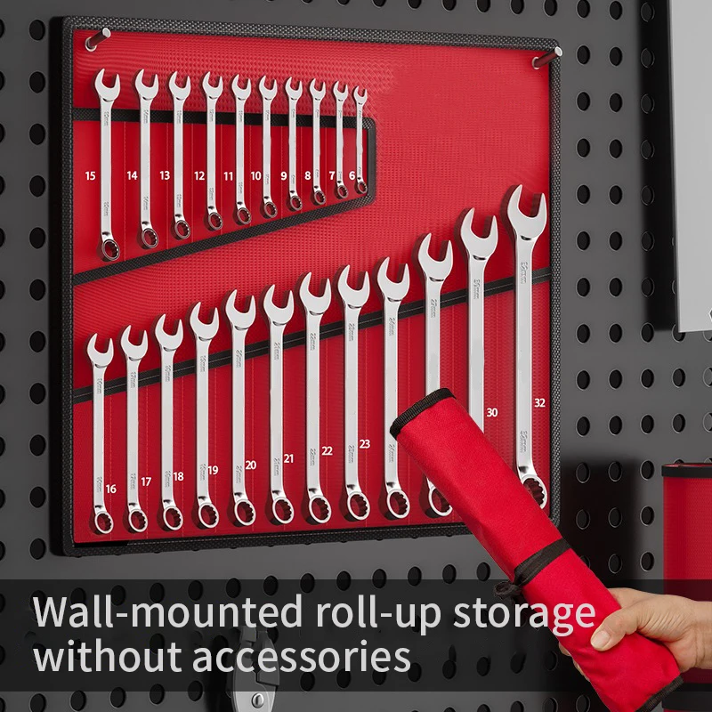 Wrench Set with Roll-Up Pouch, 6-24mm, CRV Steel, 15° Angled Open & 12-Point Box End, Mirror Chrome Finish for Home & Workshop