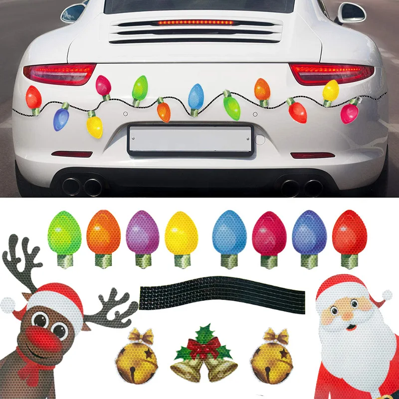 Car Sticker Magnetic Decal Xmas Decoration Freezer Magnets Light Bulb Santa Christmas Elk Snowman Reflective Sticker Car Decor