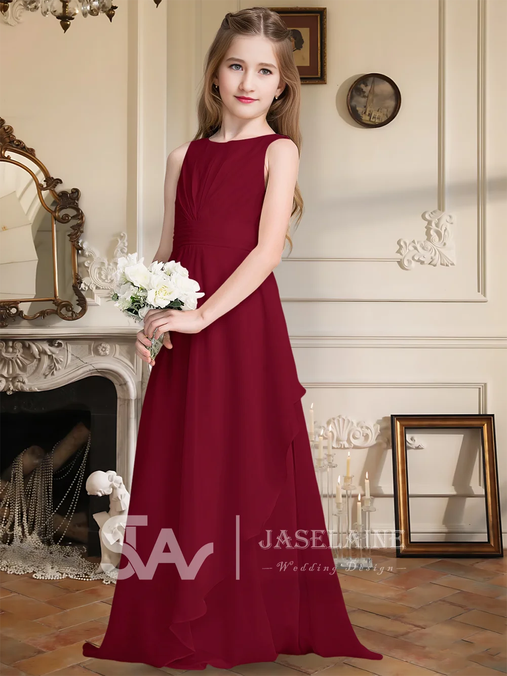 B アイボリー A ライン マキシレングス シフォン ジュニア ブライズメイド ドレス カスケード フリル付き ガールズ フォーマル パーティー オケージョン フラワー ガール ドレス