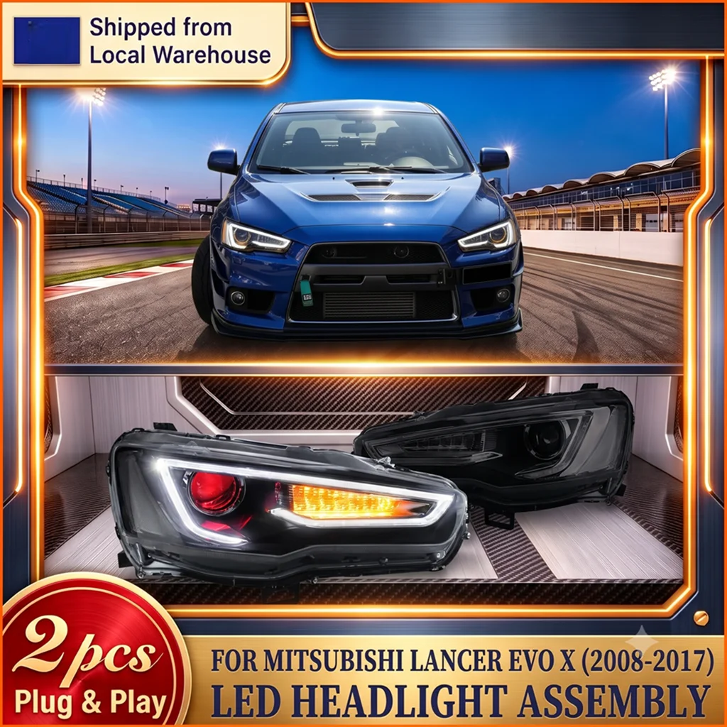 Kit de phares LED pour Mitsubishi Lancer Evolution X EVO 10 2008-2017, projecteurs avant avec yeux de démon, clignotants dynamiques séquentiels ambre, feux de jour (DRL), version LHD, installation directe, Plug and Play, étanchéité IP67, kit de mise à niveau automobile, 2 pièces