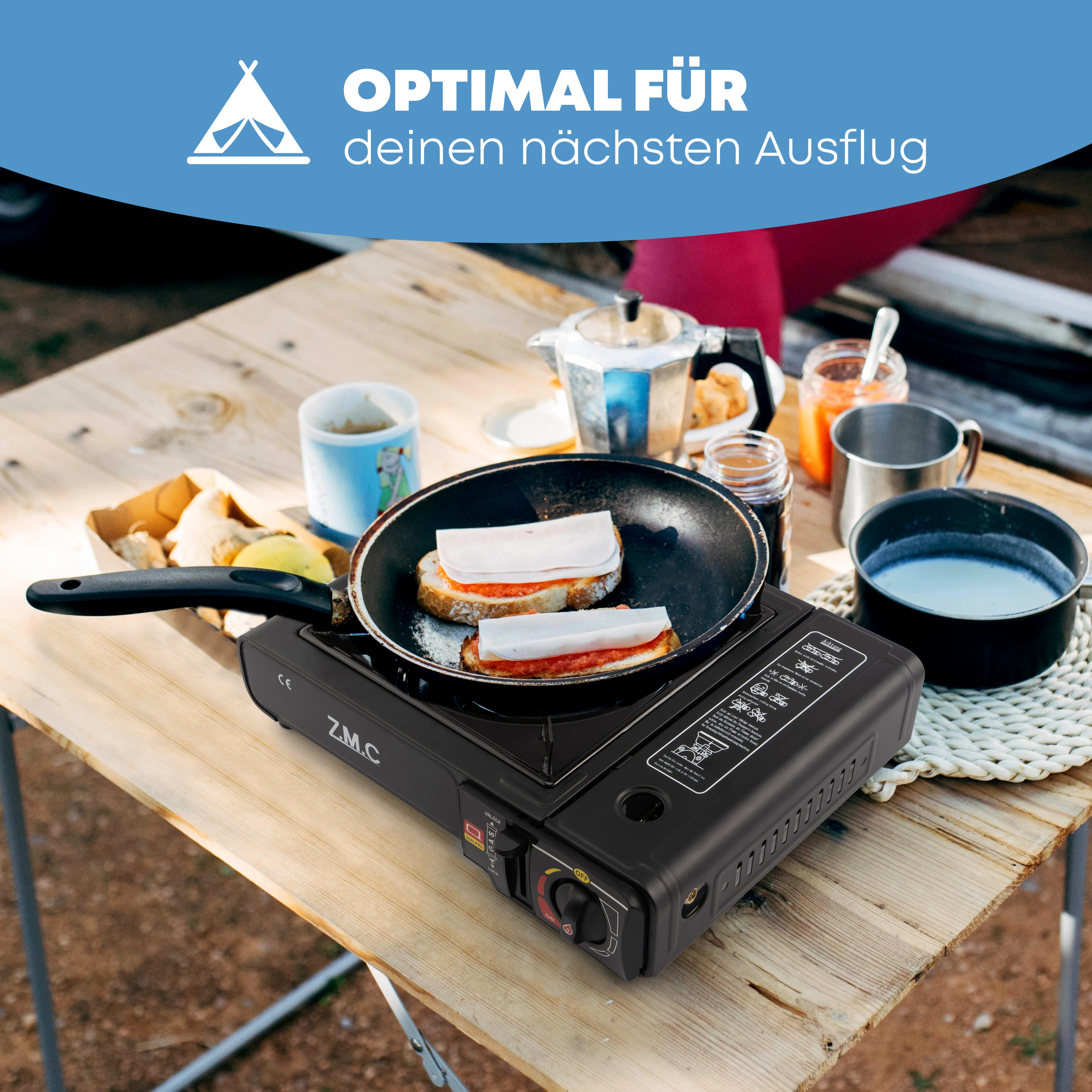 ZMC Gaskocher 1-flammig inkl. 4 Butan Gaskartuschen 227g und Adapter für LPG + Aufbewahrungskoffer, Campingkocher für Outdoor und Innenraum, Campinggaskocher 2,2 kW mit Piezozündung – Detail 1
