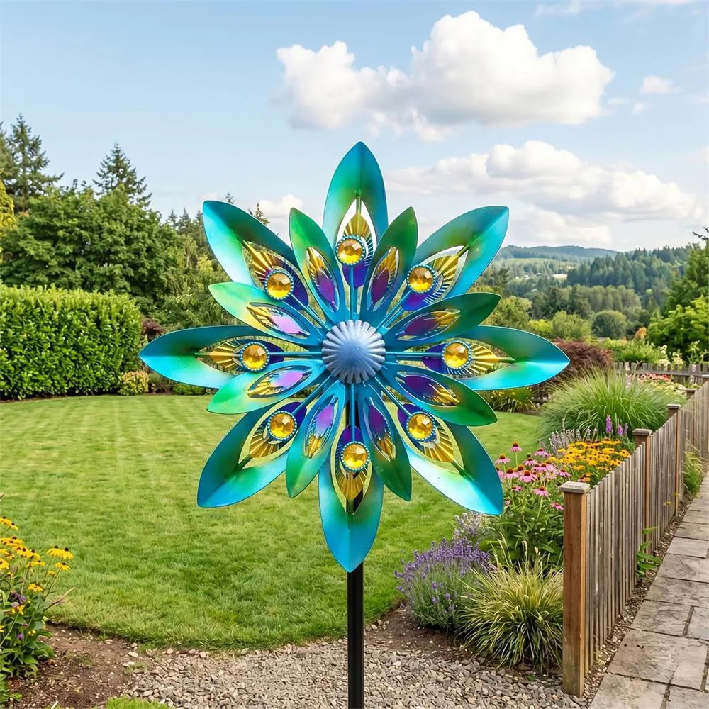 Elegant Outdoor Metal Windmill, Double Layered Peacock Feather Design Wind Spinner for Garden Patio Yard Lawn Decoration, Gift