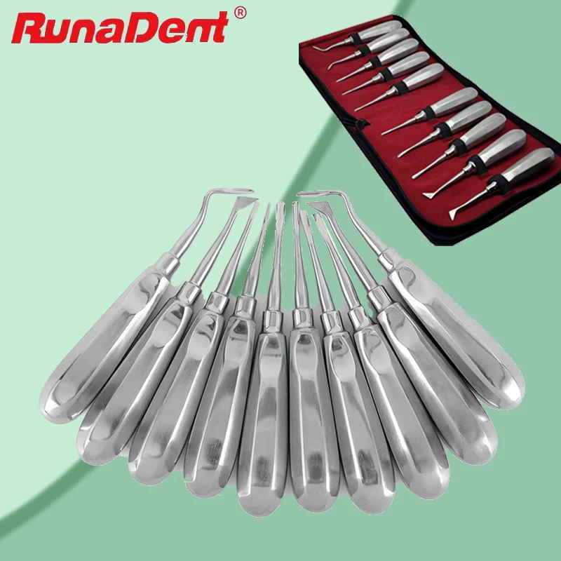 

10Pcs Dental Surgical Instruments Stainless Steel Elevator Kit Dentist Extraction Tool Set Straight Curved Root Lifter