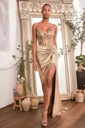 Sexy Gold Spaghetti Beading Fitted High Slit Gala Long Prom Dresses 2024 Knot Detail Formal Evening Mermaid A-Line Ball Gown