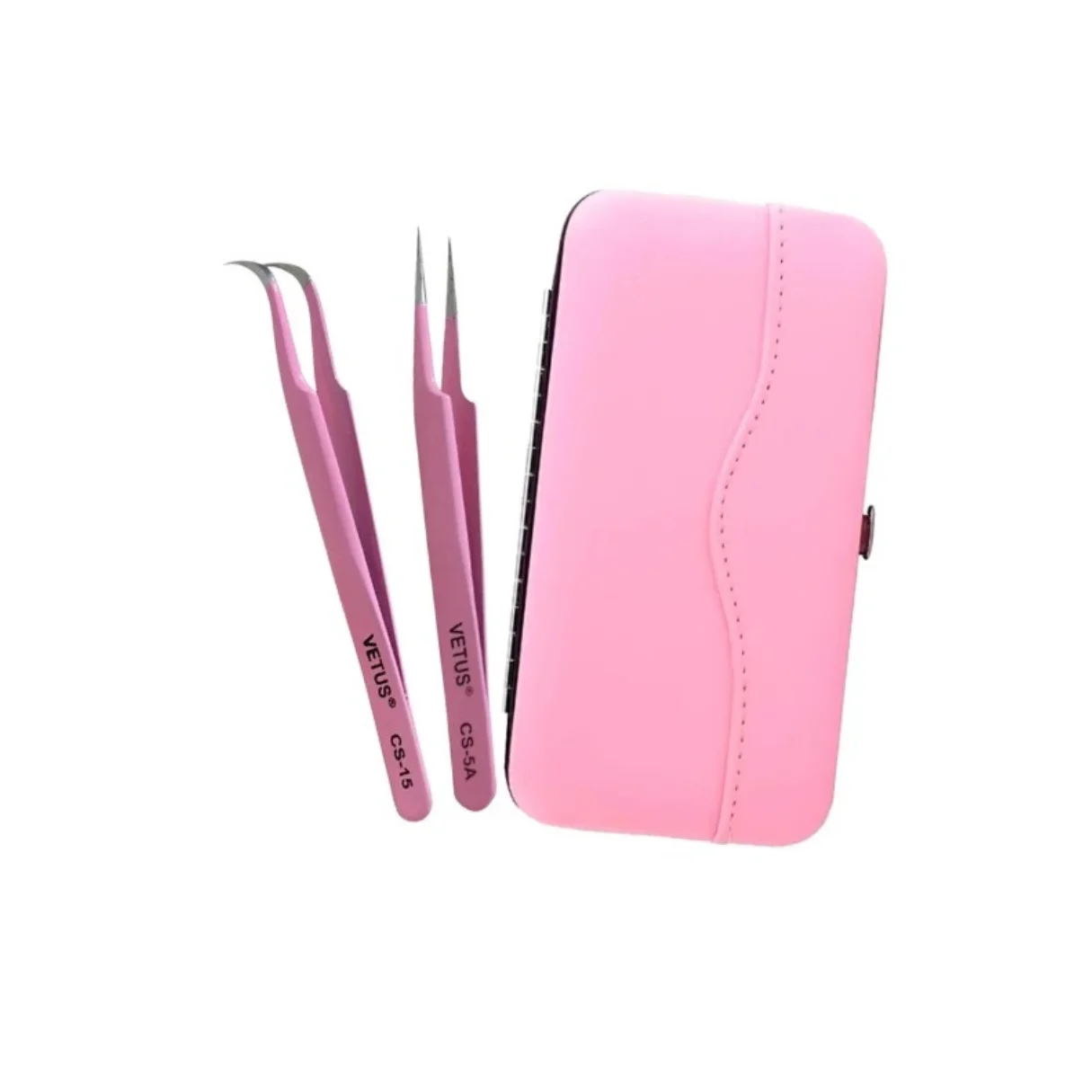 Pink Ecological Leather and Curved Tweezers Holder Case Kit