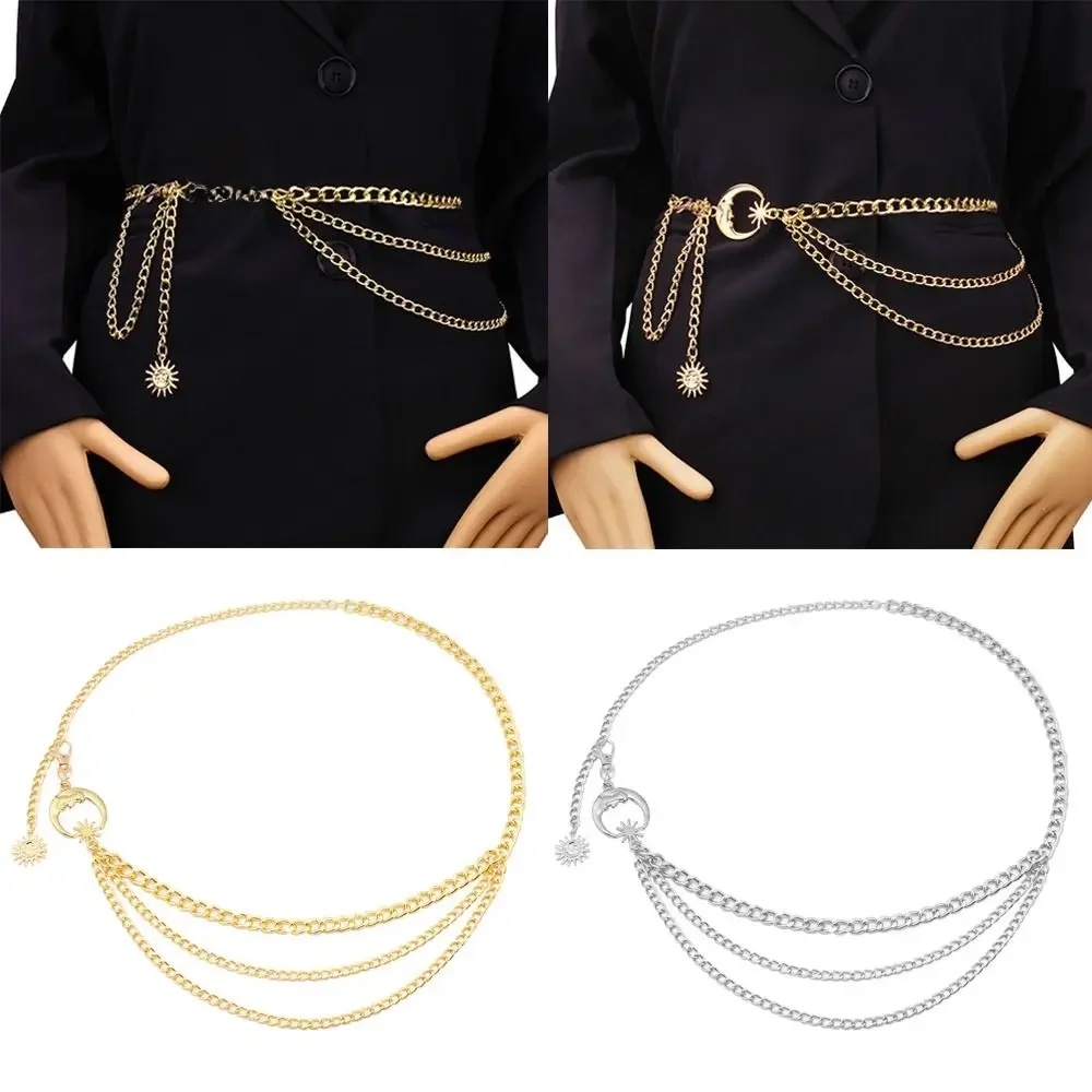Ceinture de taille punk pour femme, or, argent, métal vintage, soleil, lune, étoile, hip hop