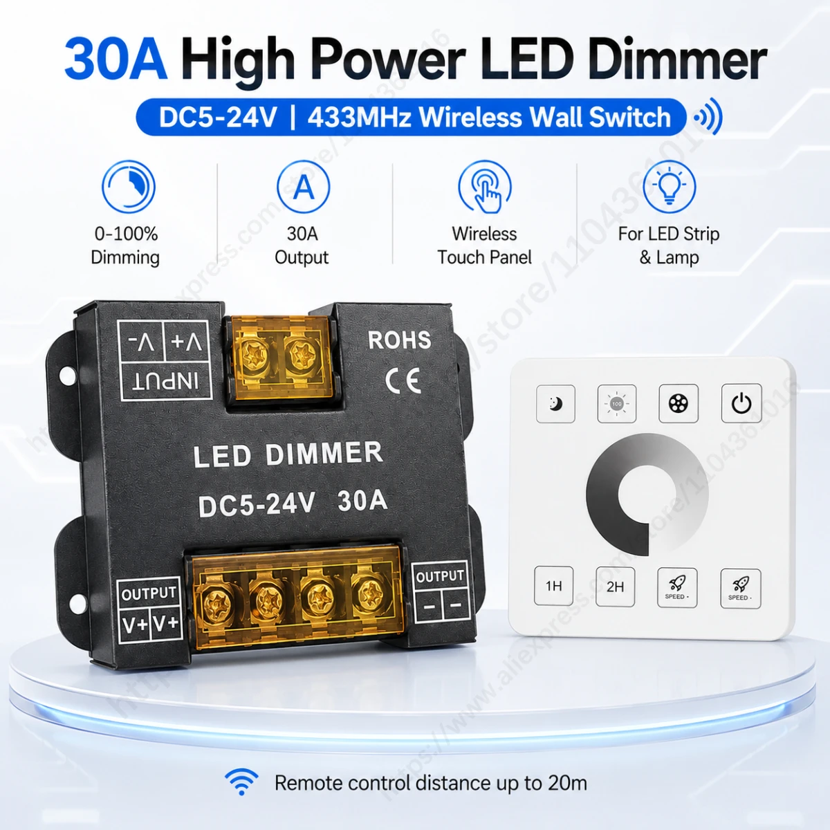 DC5-24V 30A LED Dimmer Switch 433MHz Wireless Wall Touch Panel Brightness Controller for Single Color LED Strip Light Lamp