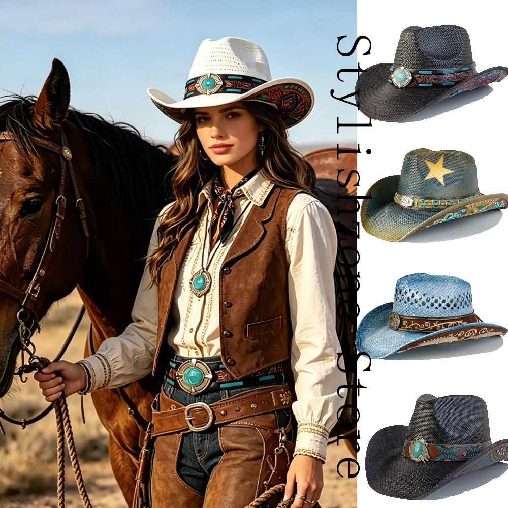 

Ковбойская шляпа в западном стиле для мужчин с бирюзовой декоративной пряжкой, широкополая шляпа от солнца, летняя пляжная ковбойская шляпа для женщин
